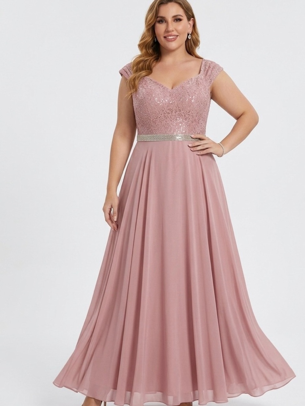 Plus-Size Dusty Rose Sequin Bodice Maxi Dress